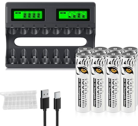 Mspalocell Confezione da 8 Batterie AAA al Litio Ricaricabili con Caricabatterie, 8 Slot USB C Type-C Caricatore Veloce Intelligente LCD a Ricarica Indipendente per Batterie Ricaricabili AAA 1,5 V