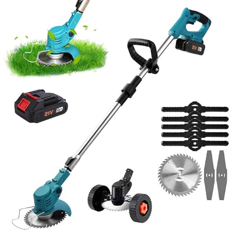 Debroussailleuse Electrique sans Fil 380W, DéBroussailleuse 1 Batterie Electrique 21V, Tondeuse Coupe Bordure sans Fil avec 8 Lames Poignée Télescopique Debrouissalleuses pour Jardin