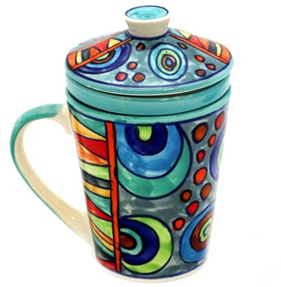 Gall&Zick Handbemalte Keramiktasse mit Sieb und Deckel, bunt gemustert GZ-3102