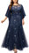MISSMAY Women's Plus Size Elegant Butterfly Sleeve Chiffon Floral Sequin Lace Contrast Mesh Mermaid Hem Evening Party Long Dress (3XL, Navy Blue)