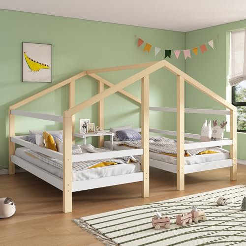 Wuudi Hausbett für 2 Kinder Zwei Einzelbetten unter einem Dach im Hausbettdesign mit Nachttisch und Lattenrost Jugendbett 90 * 200 mit Rausfallschutz Weiß+Natur