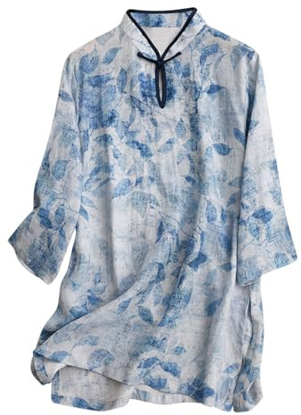 Camisas tradicionales chinas para mujer, blusa de lino de verano con cuello mandarín y botones de rana, túnica floral retro para práctica de tai chi, uso casual para uso diario al aire libre, azul, M