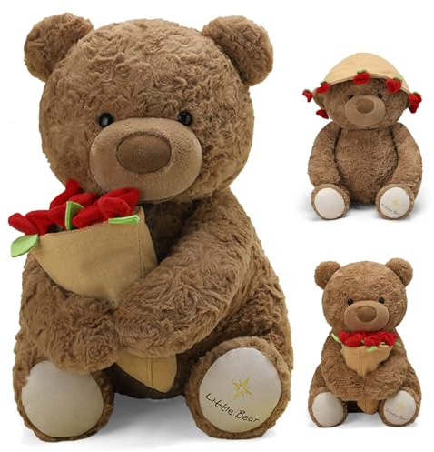 Teddybär 38 cm Stofftier Teddy mit Rose und Hat - Teddy aus Flauschigem Plüsch mit Duft, Stofftier Plüschtier Kuscheltier für Mama, Jungen, Mädchen, Weihnachten, Geburtstag, Valentinstag, Dunkelbraun