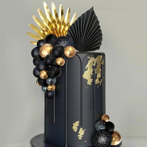 32 Stück Kugeln Tortendeko,Schwarz Gold Kuchen Dekoration Geburtstag, Palmblätter Kuchendeko, Schaum Ball Cake Topper für Hochzeit, Geburtstag, Valentinstag, Baby Shower