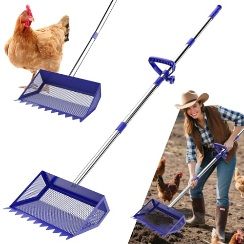 Chicken Poop Scooper Rake 2-in-1,304 Stainless Steel Shovel Head, Chicken Litter Scoop with Handle for Chicken Coop for Sand, Pet Waste Cleaning, Litter Sifting Shovel (35 to 65) (Blue, 10inch)