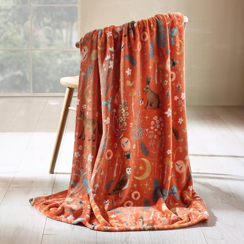 Catherine Lansfield Enchanted Twilight Animals Blanket Throw Burnt Orange | Cosy Fleece 130x170cm