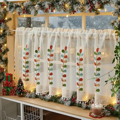 Weihnachtsvorhänge, Scheibengardine Weihnachten, Weißer Voile mit Stickerei | Transparenter Polyester-Voile, Verspielte Bommelkante, ideal für Küchen und kleine Fenster, Pflegeleicht und Kalt Waschbar