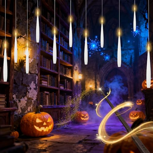 Froadp 12 Stück Schwebende Kerzen mit Zauberstab Fliegende Schwimmende LED Kerzen Christbaumkerzen Flackernde Flammenlose Batteriebetriebene Kerze Hängende Kegelkerze für Halloween Weihnachten Deko