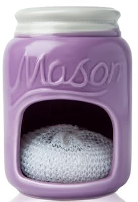 Ceramic Kitchen Sponge Holder Sink Caddy – Kitchen Décor And Accessories Farmhouse Style Country Kitchen Sink Décor Rustic– Mason Jar Décor Sponge Holder – Scrubby Holder-Purple