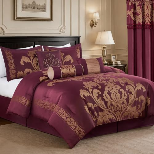 Chezmoi Collection 7-Piece Jacquard Floral Comforter Set (King, Polyester Blend, Maroon/Gold