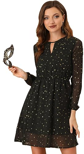 Allegra K Women's Choker V Neck Vintage Flared Gilding Metallic Shiny Star A-Line Dress Black M
