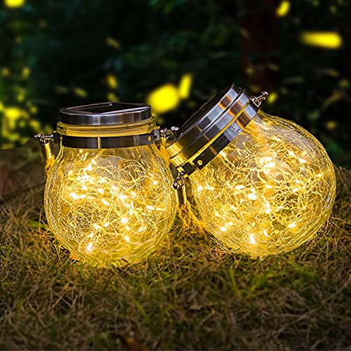 2 × Lanterne Solaire Extérieur, ZVO 30 LED Lampe Boule Suspendue Solaire, éclairage Jardin en Verre Craquelé, Lumières Mason Jar Décoration étanche Intérieur pour Patio Fête Cour Noël (Blanc chaud)