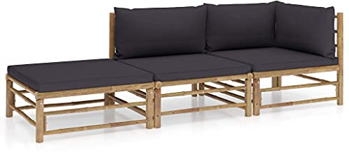 vidaXL 3-TLG. Garten-Lounge-Set mit Dunkelgrauen Kissen Bambus