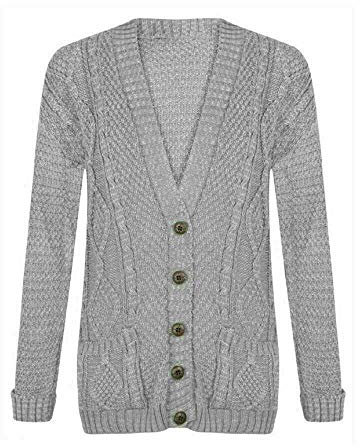 LUXE DIVA New Womens Everyday Long Sleeve Button Top Ladies Chunky Aran Cable Knit Grandad Cardigan UK Size 8-26 Silver Grey