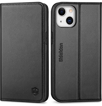 SHIELDON Hülle für iPhone 13 5G Handyhülle [Echtleder] [Stoßfest] [Kartenfach] [Magnet] [Standfunktion], TPU RFID-Sperre Schutzhülle Lederhülle Kompatibel mit iPhone 13 6,1 - Schwarz