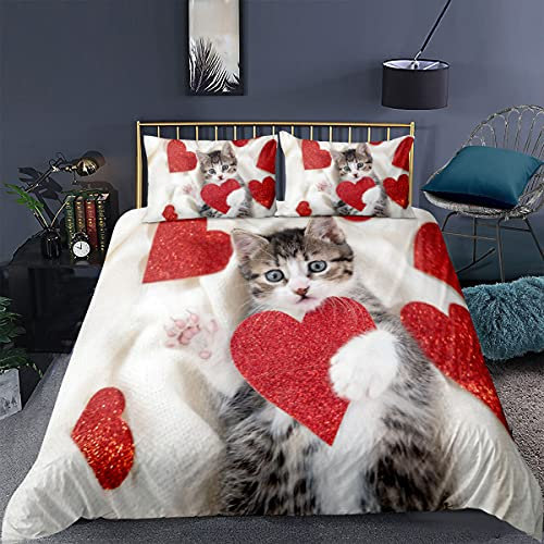 Parure de Lit 2 Personnes Fille Garçon Animal Housse de Couette Cute Pet Chaton Chiot Gris Beige Noir Rose Fleurie Amour Chat et Chien Polyester Ensemble de Literie (Rouge, 220 x 240 cm)