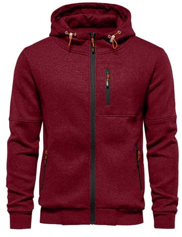 VANVENE Felpa con cappuccio da uomo con cerniera, leggera, Rosso, M