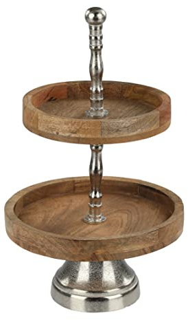 Nordstern Etagere aus Alu-Mangoholz - 2 Etagen - Ø 24,5 x 40 cm
