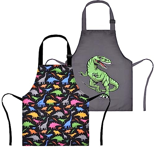 XonyiCos 2er-Pack Kinder Jungen Dinosaurier Schürzen, Mädchen Einhorn Schürze zum Kochen Malen Chef Cartoon Schürze für Kinder 3-12 Jahre (Mächtig Dinosaurier, 6-12 Jahre)