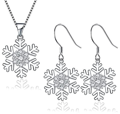 Josfeva Silber Weihnachten Schmuck Set Damen, 925 Sterling Silber Schneeflocke Halskette & Ohrhänger Set, 45cm Silberkette mit Schneeflocke Anhänger & Schneeflocke Ohrringe Hängend Set zum Winter