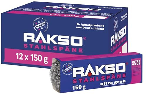 RAKSO Stahlspäne ultragrob - 1,8 kg, 12 Banderolen à 150g, entrosten von Metalloberflächen, entfernt sehr groben Schmutz, Dämm -, Filtermaterial