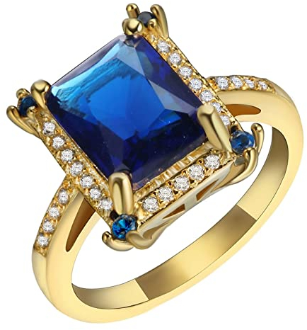 Whoiy Ring Blauer Stein Gold, Stacking Rings Eheringe Zirkonia in Rechteckiger Form mit 4 Zacken 52 (16.6) Verlobungsring für Frauen