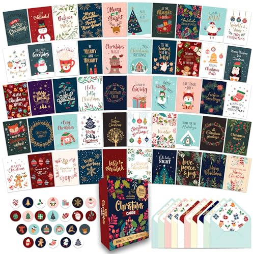 Decorably 100 Pack Foiled & Glittery Boxed 6x4in Assorted Christmas Cards with Envelopes and Stickers, 100 Unique Holiday Designs Seasons Greetings for Loved Ones, Printed Message - Gifting, Mailing