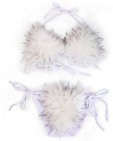 ZOSCGJMY Damen Flauschige Künstliche Fell Pelz Bikini Set Triangel Bikini Zweiteiliger Badeanzug (Weiß-2)