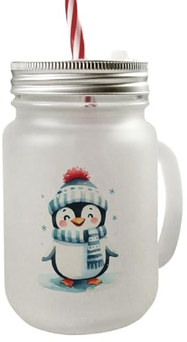 speecheese lustiger Pinguin Mason Jar Henkel Trinkglas mit Deckel Komisch Witziges Pinguin Glas Humorvoll Spaßig Antarktischer Seevogel Look für Getränke