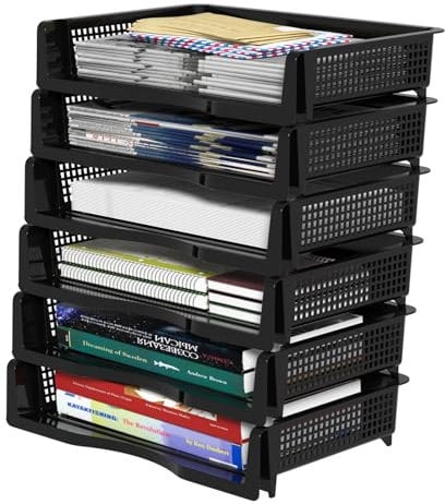 Vcansay 6 Tier Plastic A4 Size Document Trays, Office Stackable Letter Paper File Trays, Black