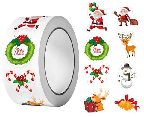 Weihnachtsaufkleber mit Weihnachtsmann-Musteraufklebern, 1 Rolle, 500 Blatt, 8 Muster, geeignet für Weihnachtsdekoration, Feiertagsdekoration, Geschenkdekoration 1291ydfr (White, 6.5cm×6.5cm×3cm)