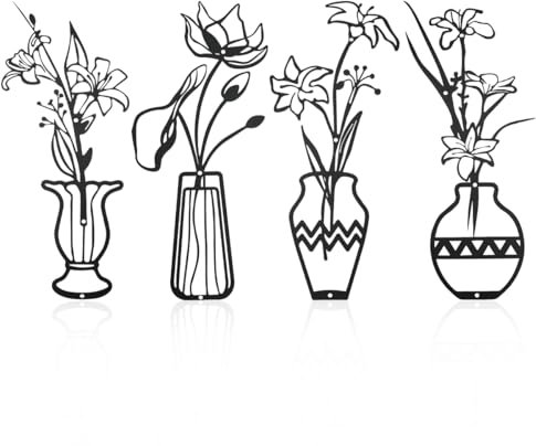 DIBALIYI 4 Pcs Metall Wanddeko Schwarz, Blumen Wanddekoration Wandbilder, Blume und Vase Deko wohnzimmer, Minimalistische Wandkunst für Schlafzimmer Wohnzimmer Hotels Fluren Flowers Wall Metal Black