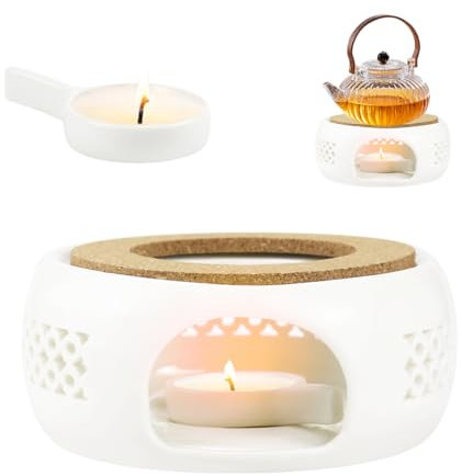 Stövchen für Teekanne, Keramik Teestövchen Stövchen Keramik mit Kork Kissen Hohl Geschnitztes Design Teekannenwärmer für Wärmeerhaltung von Tee Kaffee Milch