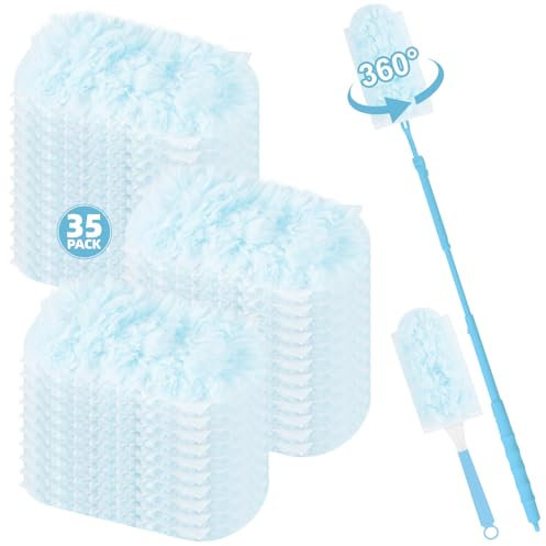 Nicemiya 37 Stück【360° Staubwedel】 Staubmagnet für Swiffer Staubmagnet Nachfüllpack, Einweg Magnet Staubwedel für Swiffer Duster, zur Reinigen von Tierhaare Staub Schmutz (35 Tücher + 2 Griffe, Blau)