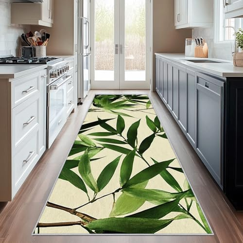Generisch Läufer Flur Landhausstil Blätter 60x210 cm, Waschbarer Teppich Flur Grün Küchenteppich rutschfest, fußmatte, Teppich Schlafzimmer, Innen Carpet Teppiche Lang Dünn, Flur Deko