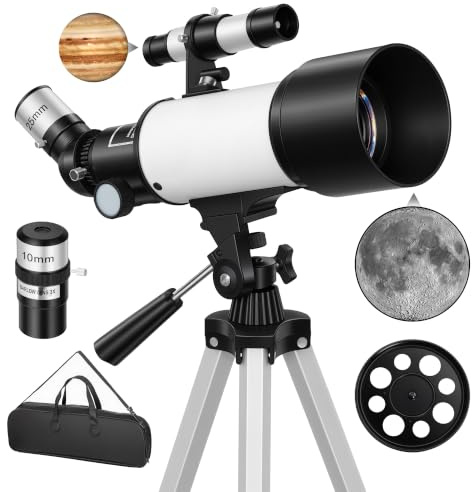 Outsunny Astronomy Telescope Adults and Beginners 70 mm Aperture White | Portable Refractor Telescope, 40X/16X Magnification, Adjustable Tripod, Carry Bag for Travel