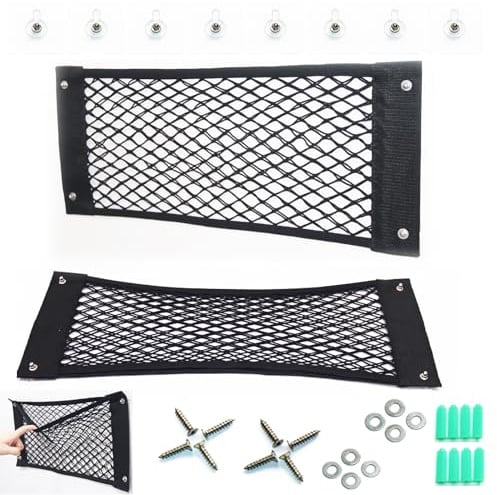 XUNOUCUN Kofferraum Taschen Auto Klett – Gepäcknetz Wohnmobil 55x25cm | 6 Montagearten & verstärkte Metallösen – inkl. Gepäcknetz zum Schrauben für SUV, Limousine, Kombi & Wohnmobil. 2er Set