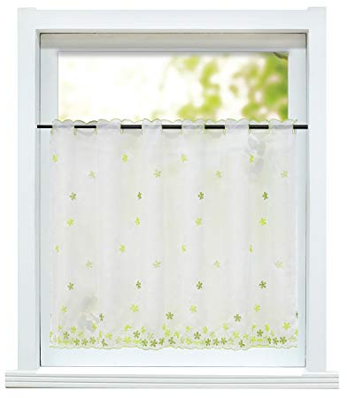 ESLIR Scheibengardine Landhaus Bistrogardine Küche Gardinen Transparent Vorhänge mit Stickerei Kurzgardine Bestickt Voile Blumen Grün HxB 75x120cm 1 Stück