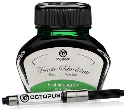 Octopus Fluids Füllhaltertinte im Tintenglas inklusive Konverter, Schreibtinte für Füllhalter, Füllertinte in Frühlingsgrün 30ml mit Tintenkonverter