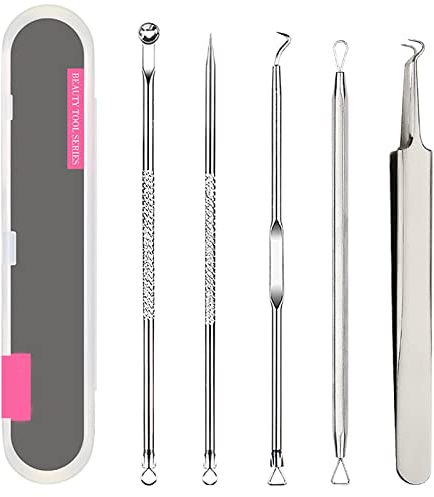 Kit di Strumenti Rimozione Punti Neri 5 Pezzi, Blackhead Estrattore Ago Acne in Acciaio Inossidabile con Scatola, per il Trattamento e la Togli di Comedoni sul Naso o Viso