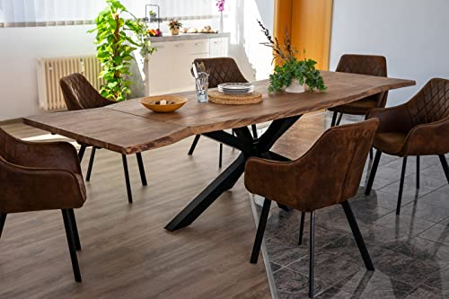 SAM Baumkantentisch 200 (300) x 100 cm Janosh, Akazienholz massiv & nougatfarben, Esstisch inkl. 2 Ansteckplatten 50 x 100 cm, echte Baumkante, Spider-Metallgestell in Schwarz