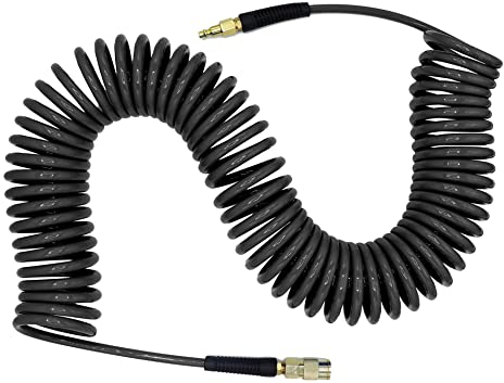 YOTOO Air Compressor Hose Polyurethane Recoil 15m Long 6mm ID x 9.5mm OD with Bend Restrictor, 1/4 Europe Quick Coupler and Plug, Gray