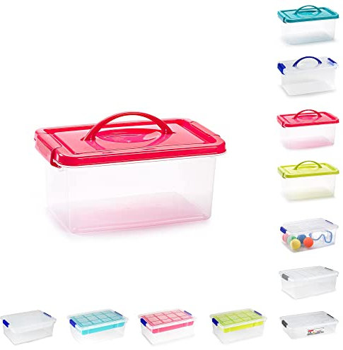 Plastic Storage Box Lightweight Robust Stackable Storage Boxes with Lid, Clear Latch Boxes, Plastic Organiser, Space Saving Solution for Home Office (4L - Fuchsia Lid Storage Box with Handle)