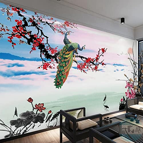 YXTSmurals Red Flower Peacock Non-Woven Mural Panoramic 3D Wallpaper Photo of Living Room Bedroom Tv Background Wall Hd Printing Custom Tapestry Photo Poster Wall Decoration