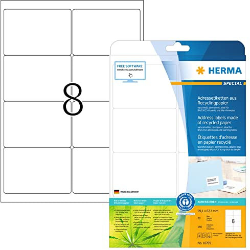 HERMA 10705 Recycling Etiketten, 20 Blatt, 99,1 x 67,7 mm, 8 pro A4 Bogen, 160 Stück, selbstklebend, bedruckbar, matt, blanko Recycling-Papier Klebeetiketten Aufkleber, natur-weiß