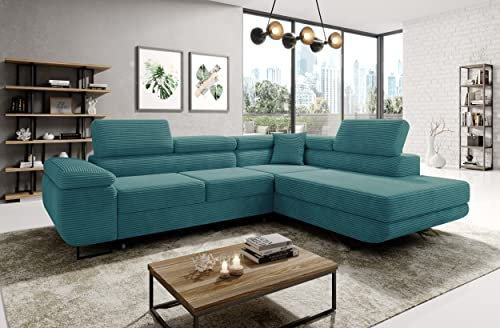 MODERNO Ecksofa mit Schlaffunktion aus Cord - Big Sofa ASTORP - Couch L Form - Schlafsofa mit Bettkasten und Kopfstützen - 277x203x100 cm - Rechts - Türkis - Poso 26