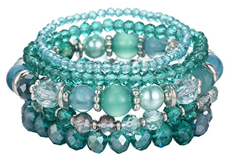 FULU AUTUMN Damen Kristall Perlen Armband Mehrschichtiges Steine Armband Boho Modeschmuck Beste Freundin Geschenke(21-Sea green)