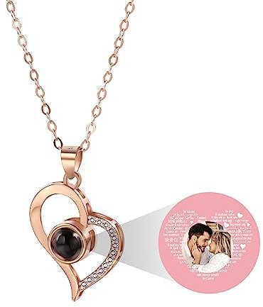 MeMeDIY Personalisierte Halskette Ich Liebe Dich Halskette 101 Sprachen mit Benutzerdefinierten Innenprojektion Bild Anhänger Sterling Silber Schmuck Geschenke für Frauen (Roségold, Farbbild)