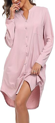 Vlazom Chemise de Nuit Femme Coton Robe de Nuit Patte de Boutonnage Vêtements de Nuit à Manche Longue Couleur Unie,Rose,L