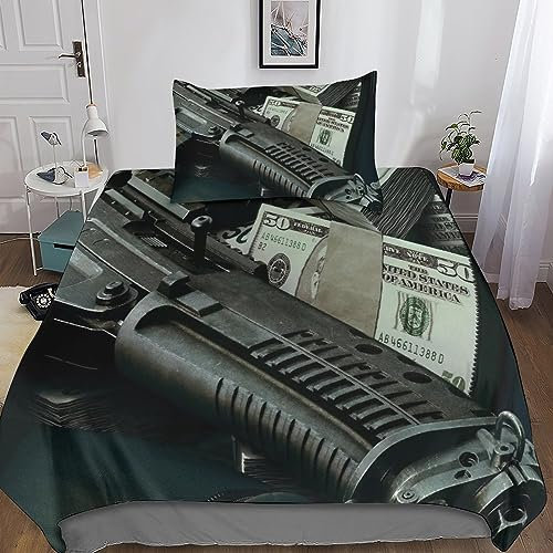 POCHY Waffen Bettwäsche-Set Für Kinder, Jungen, Mädchen, Teenager, Erwachsene Mit Bettdecke, Kissenbezug Waffe Bettbezug-Set 2-teiliges, Mit Reißverschluss, Mikrofaser Single（135x200cm）